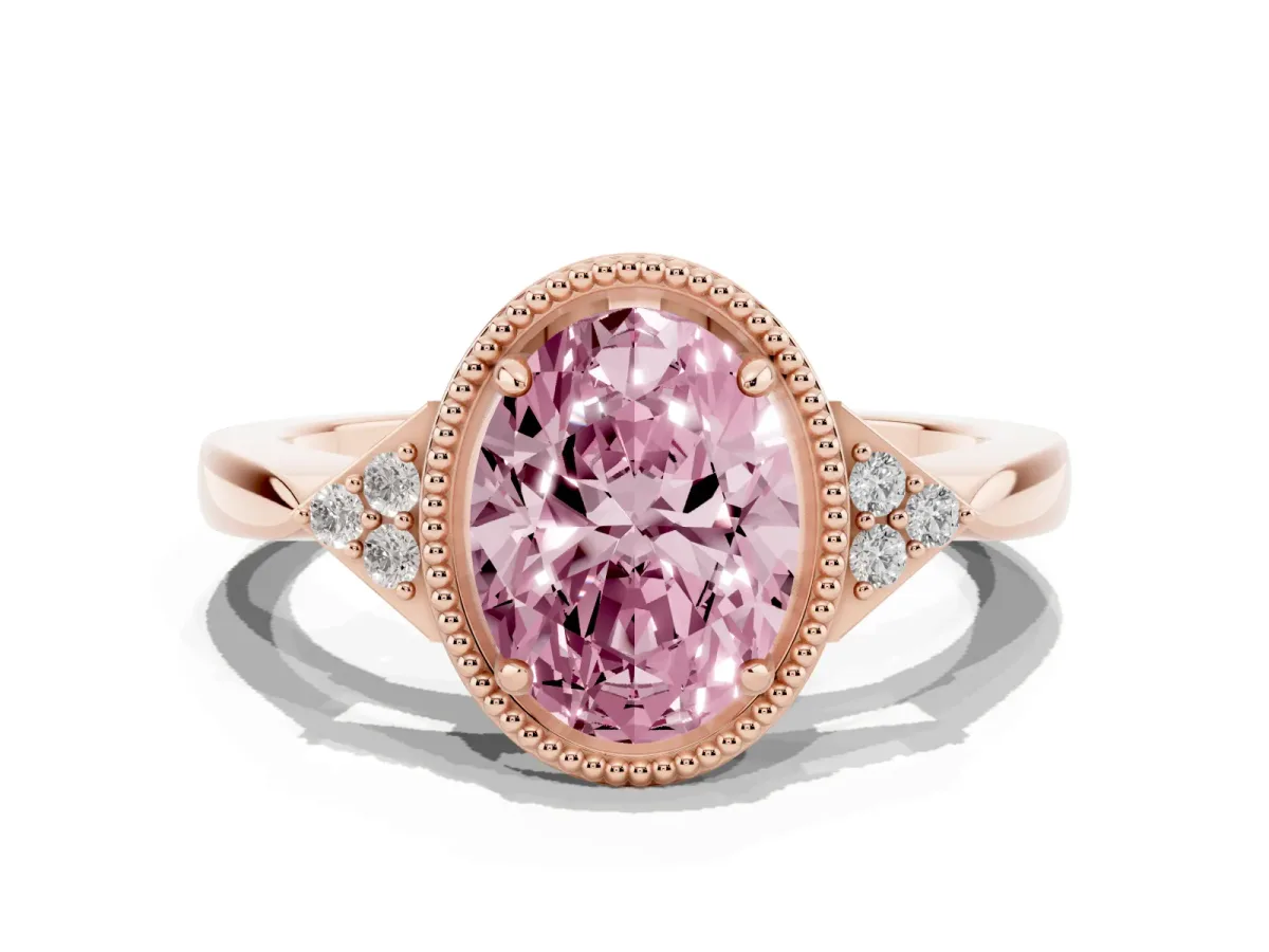 Fancy Pink Hexagonal Halo Oval Cut Diamond Solitaire with Pavé Band and Four-Prong Setting Rose gold