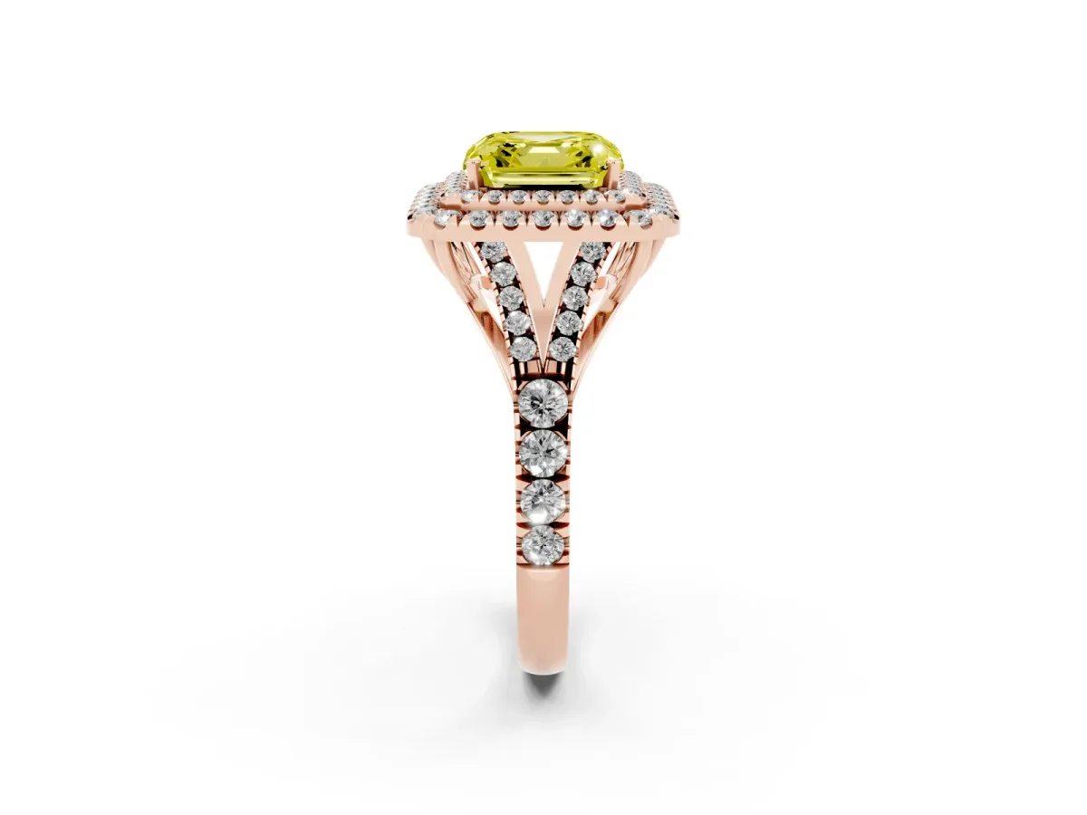 Fancy Yellow Asscher Cut Cut Double Halo Split Shank Diamond Ring with Prong Setting Rose gold