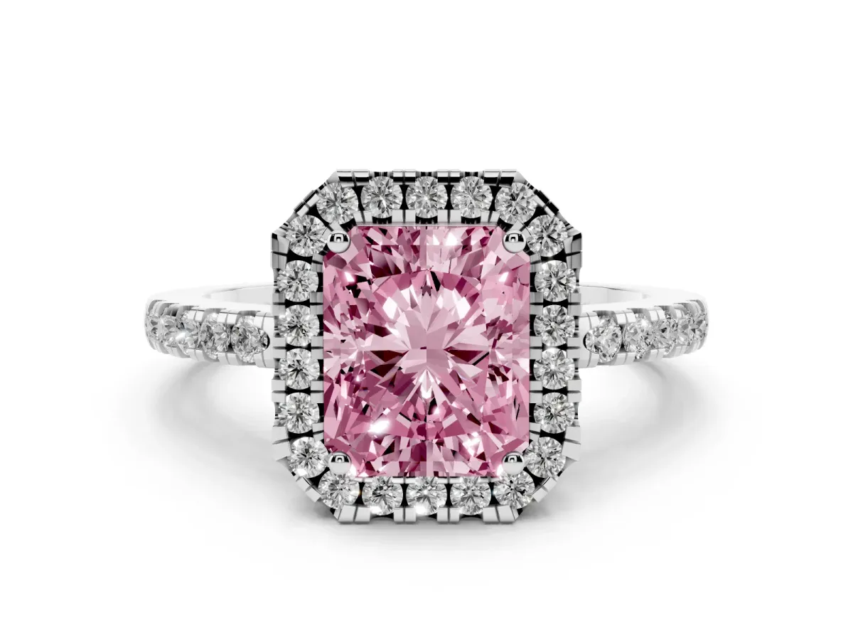 Fancy Pink Radiant Cut Halo Diamond Engagement Ring with Pavé Band and Four-Prong Setting Platinum