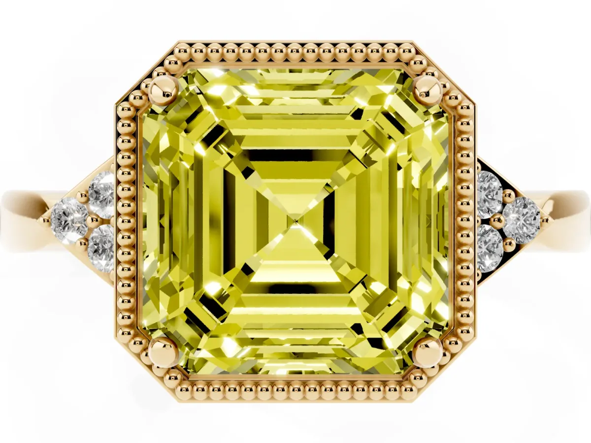 Fancy Yellow Asscher Cut Diamond Halo Ring with Tapered Band and Four-Prong Setting Yellow gold