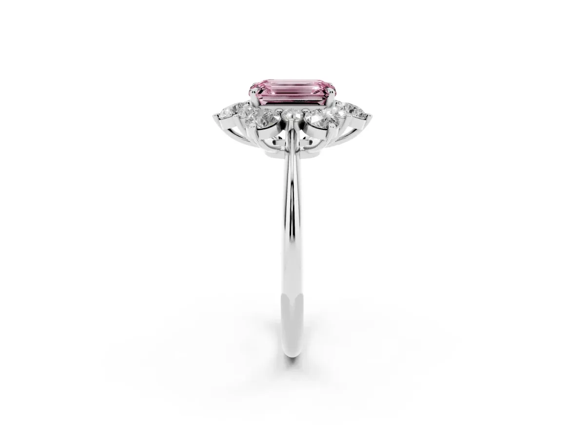 Fancy Pink Emerald Cut Diamond Cluster Halo Ring with Solitaire Band and Four-Prong Setting White gold