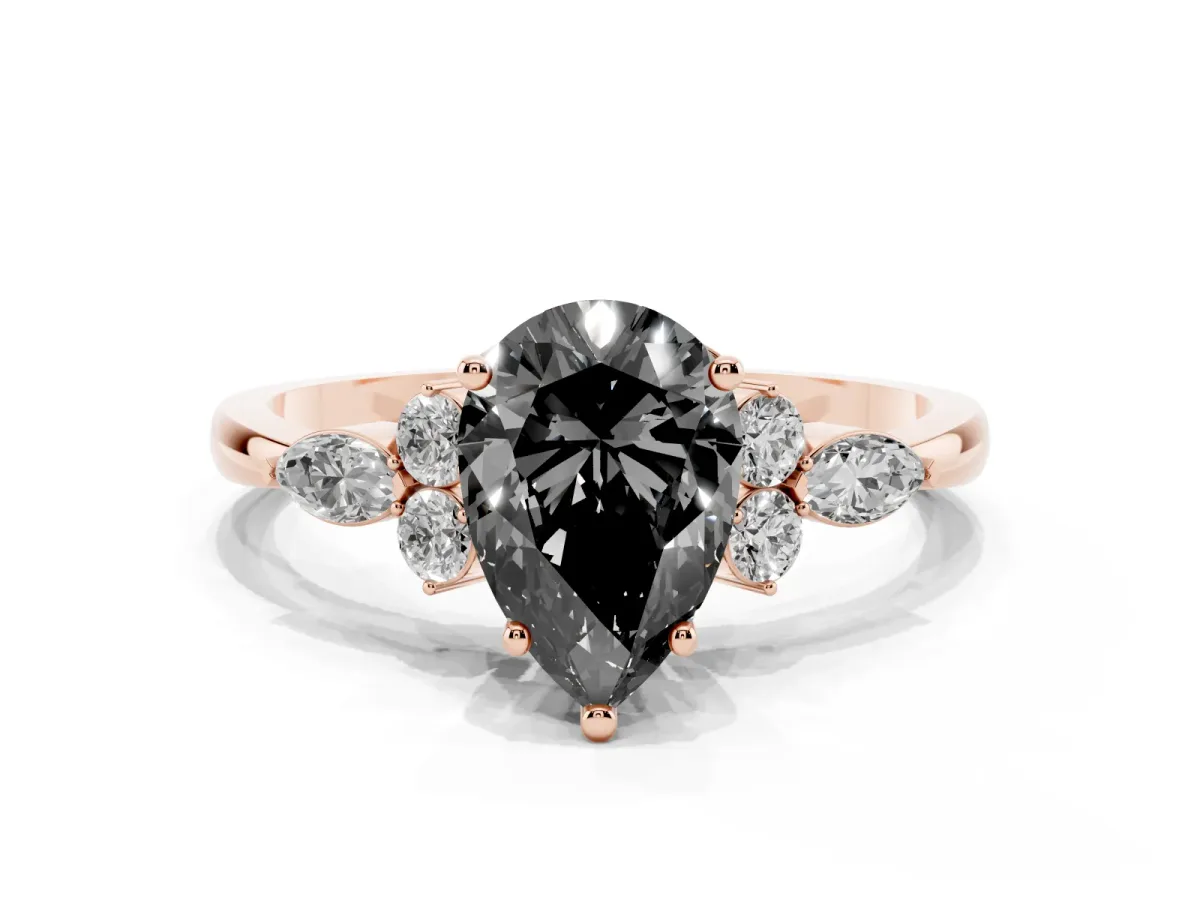 Fancy Black Pear Cut Brilliant Diamond Solitaire Ring with Pear Side Stones and Four-Prong Setting Rose gold