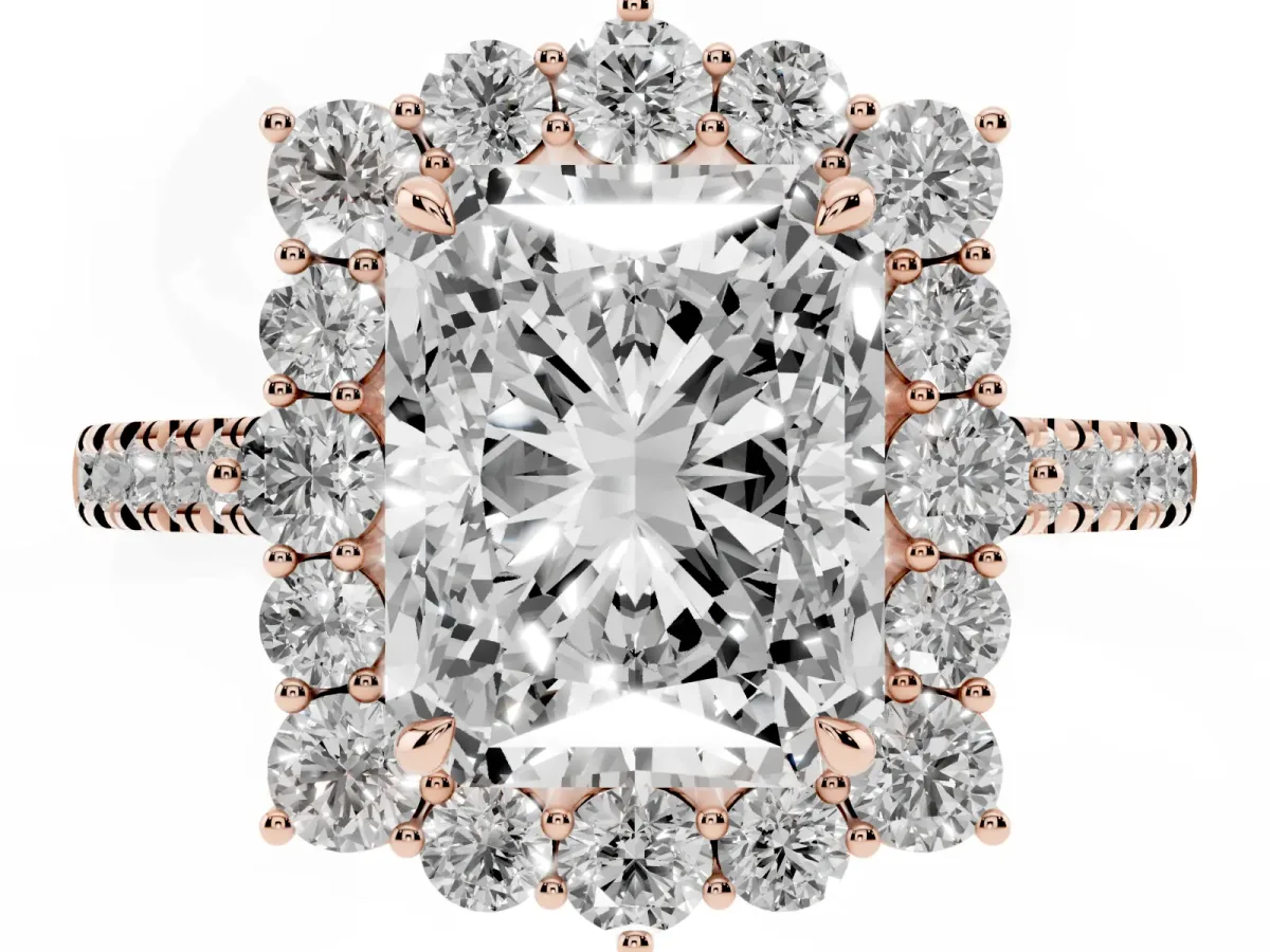 Radiant Cut Halo Diamond Ring with Pavé Band and Prong Setting Rose gold