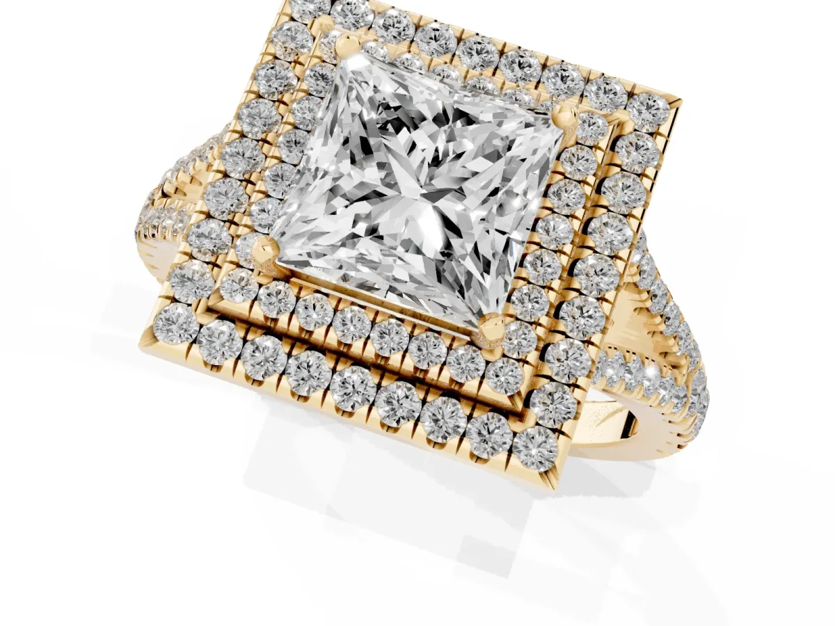 Princess Cut Diamond Double Halo Ring with Pavé Band and Prong Setting Yellow gold