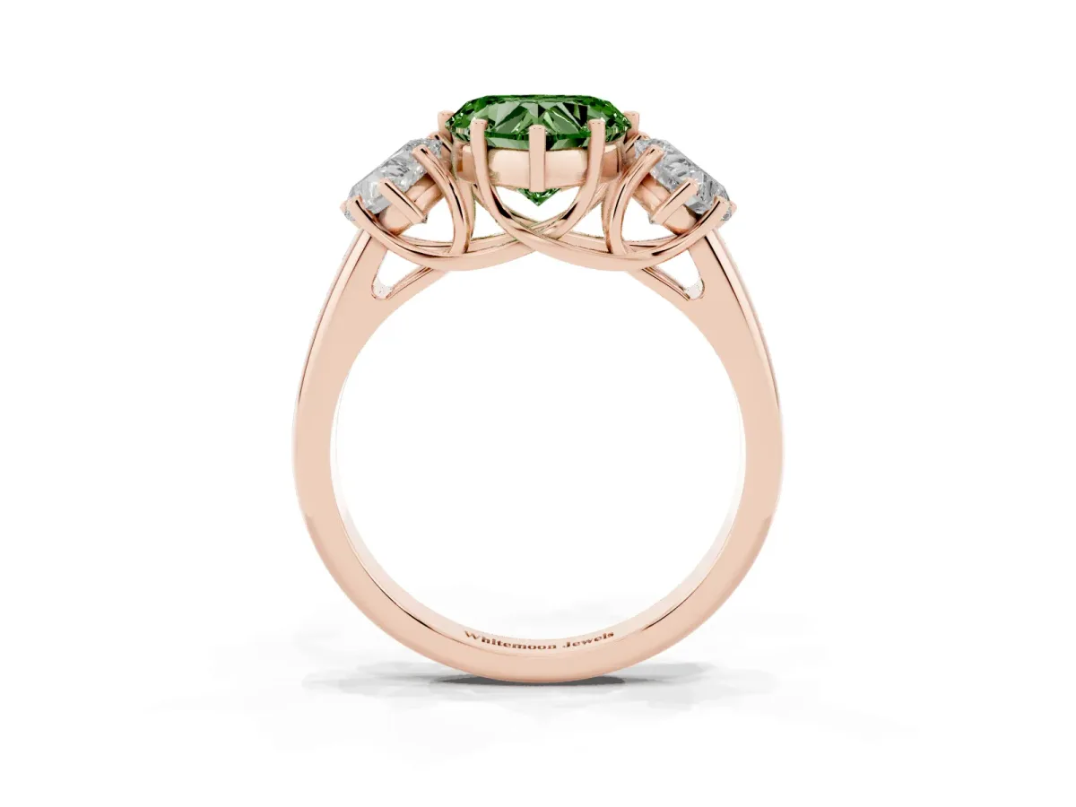 Fancy Green Three-Stone Heart Cut Diamond Engagement Ring with Prong Setting Rose gold