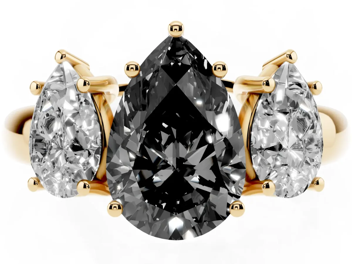 Fancy Black Three-Stone Pear Cut Diamond Engagement Ring with Prong Setting Yellow gold