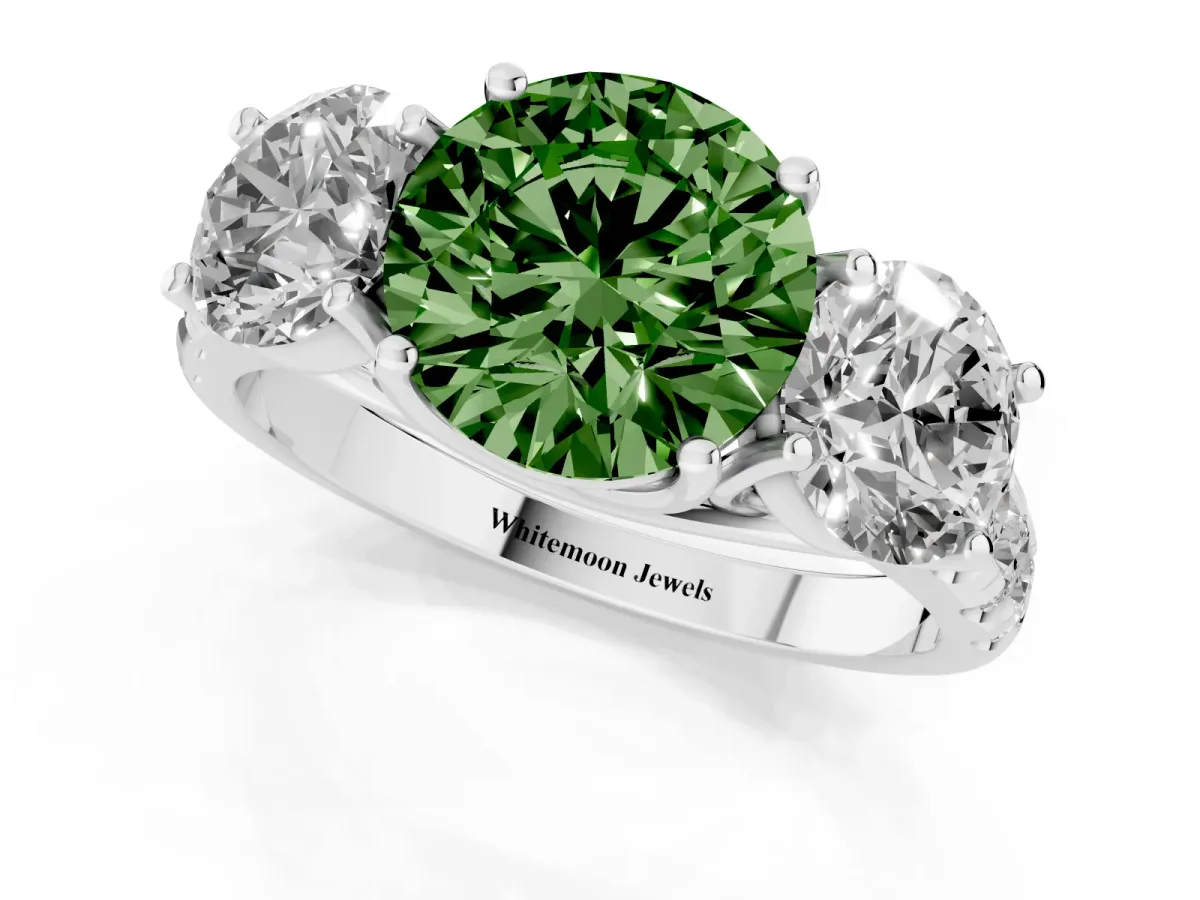 Fancy Green Three-Stone Round Cut Diamond Pavé Band with Prong Setting Silver