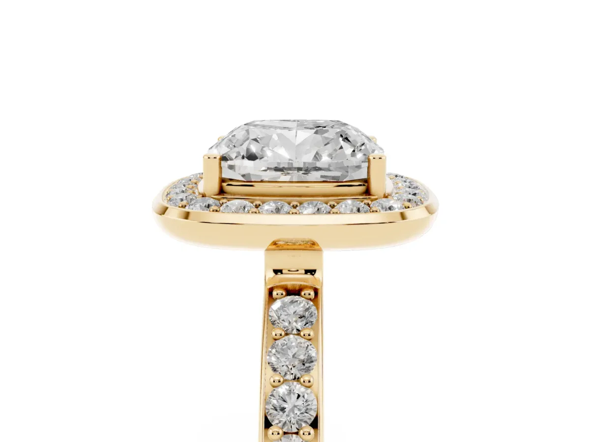 Cushion Cut Diamond Halo Ring with Bezel Frame and Pavé Band Yellow gold
