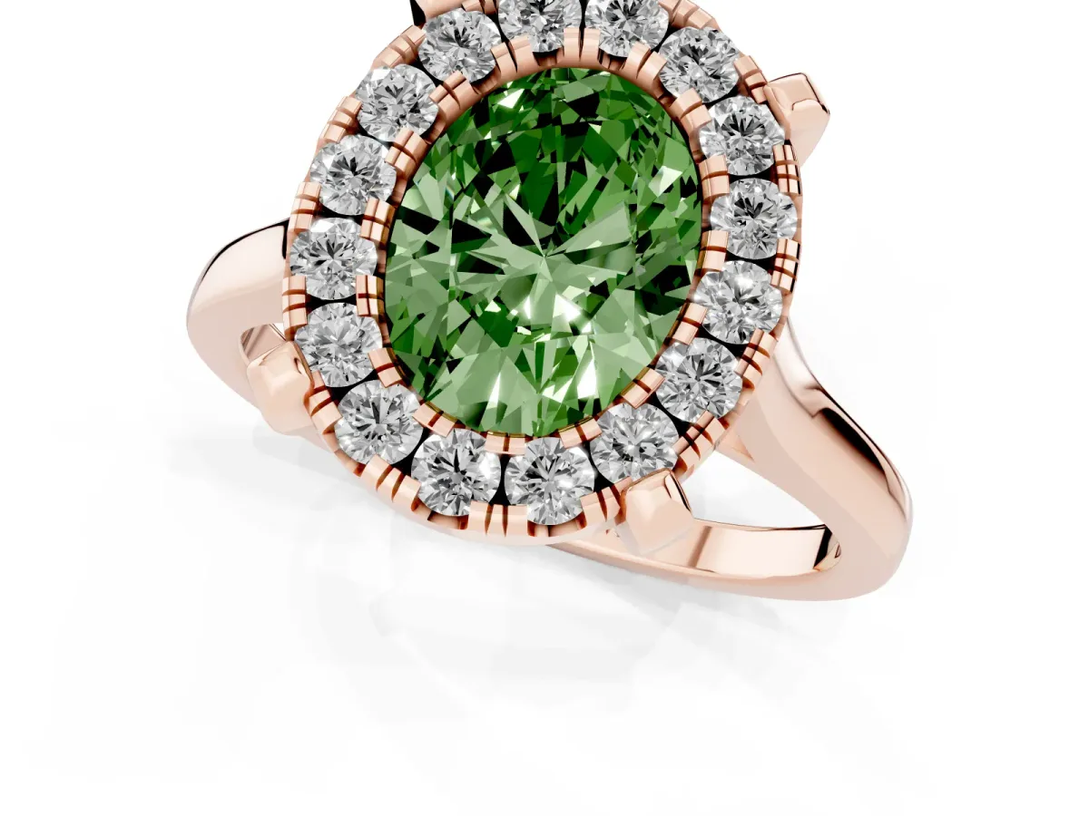 Fancy Green Oval Cut Diamond Cluster Halo Solitaire with Four-Prong Setting Rose gold