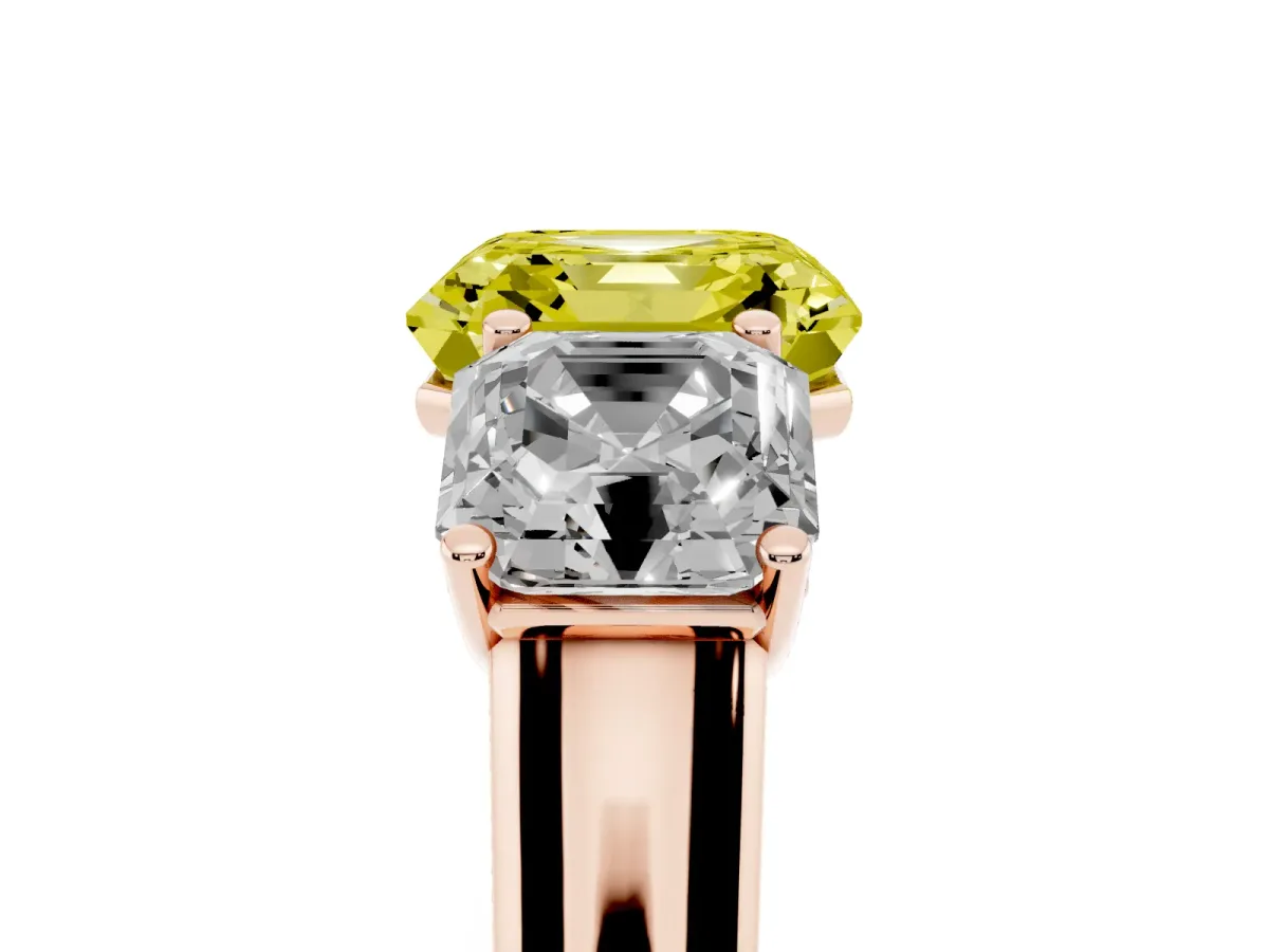 Fancy Yellow Asscher Cut Three-Stone Diamond Ring with Prong Setting on a Classic Band Rose gold