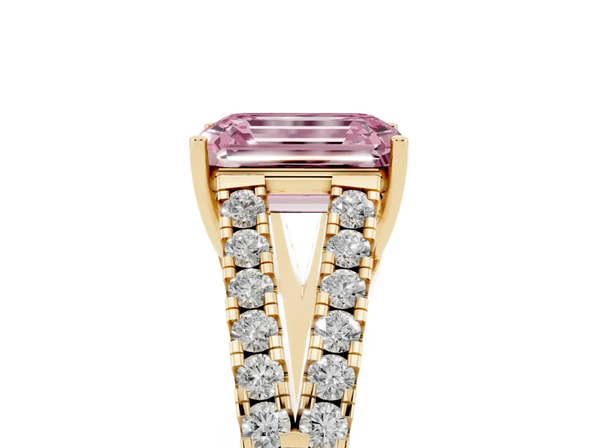 Fancy Pink Emerald Cut Diamond Split Shank Pavé Engagement Ring with Four-Prong Setting Yellow gold