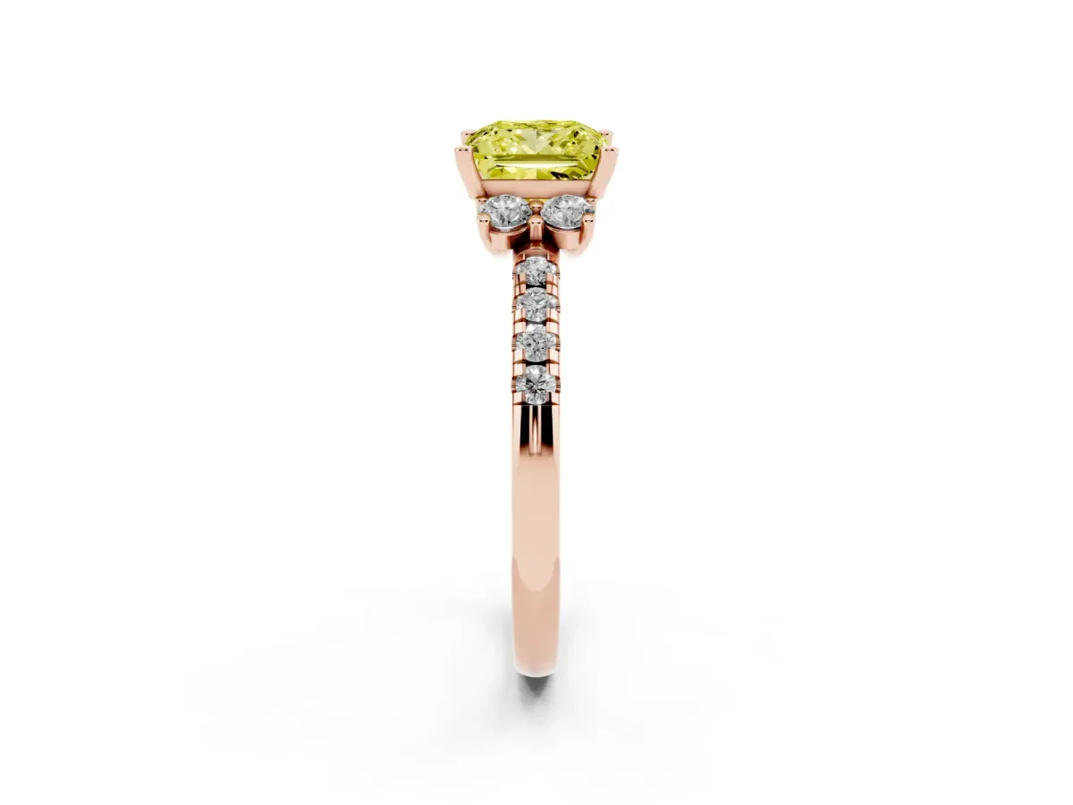Fancy Yellow Princess Cut Diamond Three-Stone Pave Band with Four-Prong Setting Rose gold