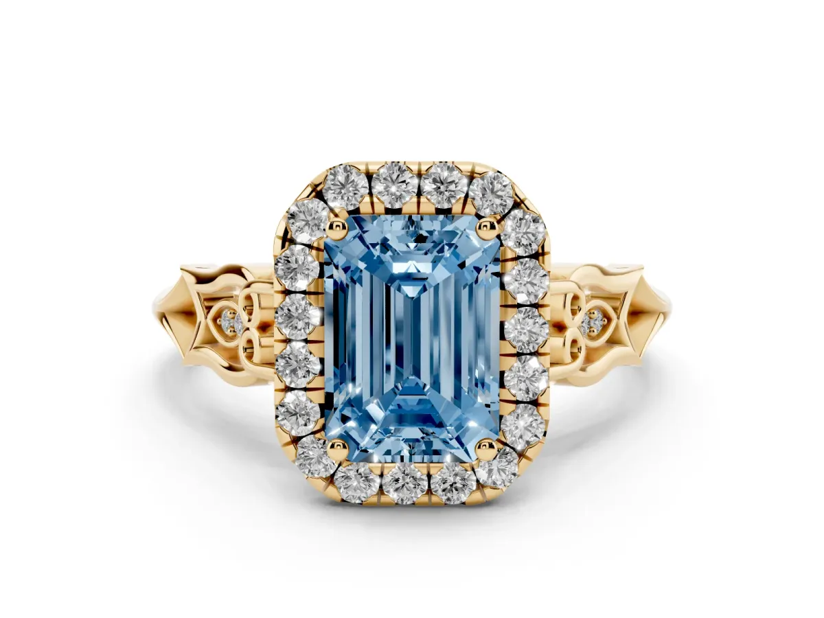 Fancy Blue Emerald Cut Halo Diamond Engagement Ring with Filigree Band and Four-Prong Setting Yellow gold