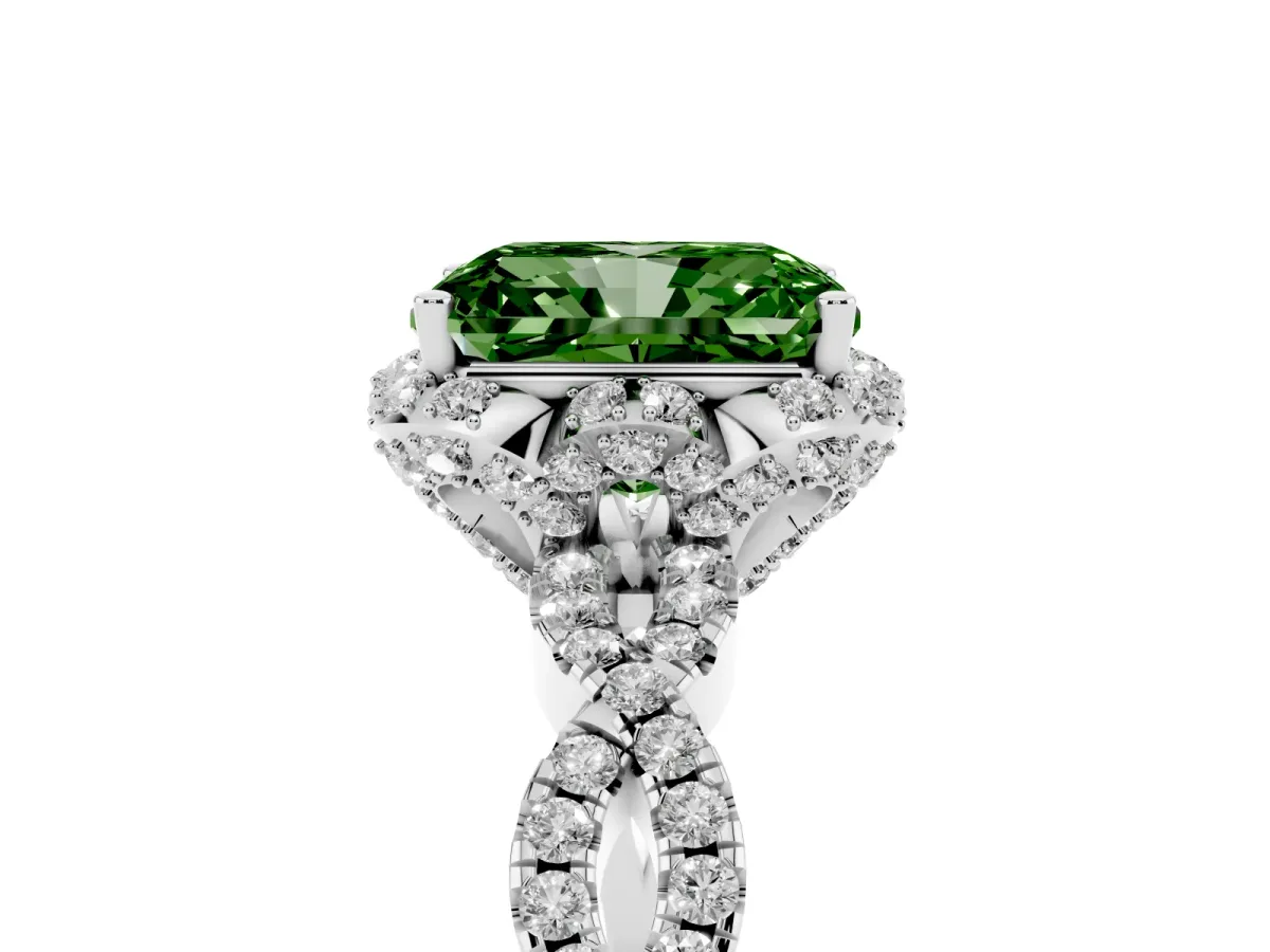 Fancy Green Radiant Cut Halo Twist Band Solitaire Ring with Six-Prong Setting Silver