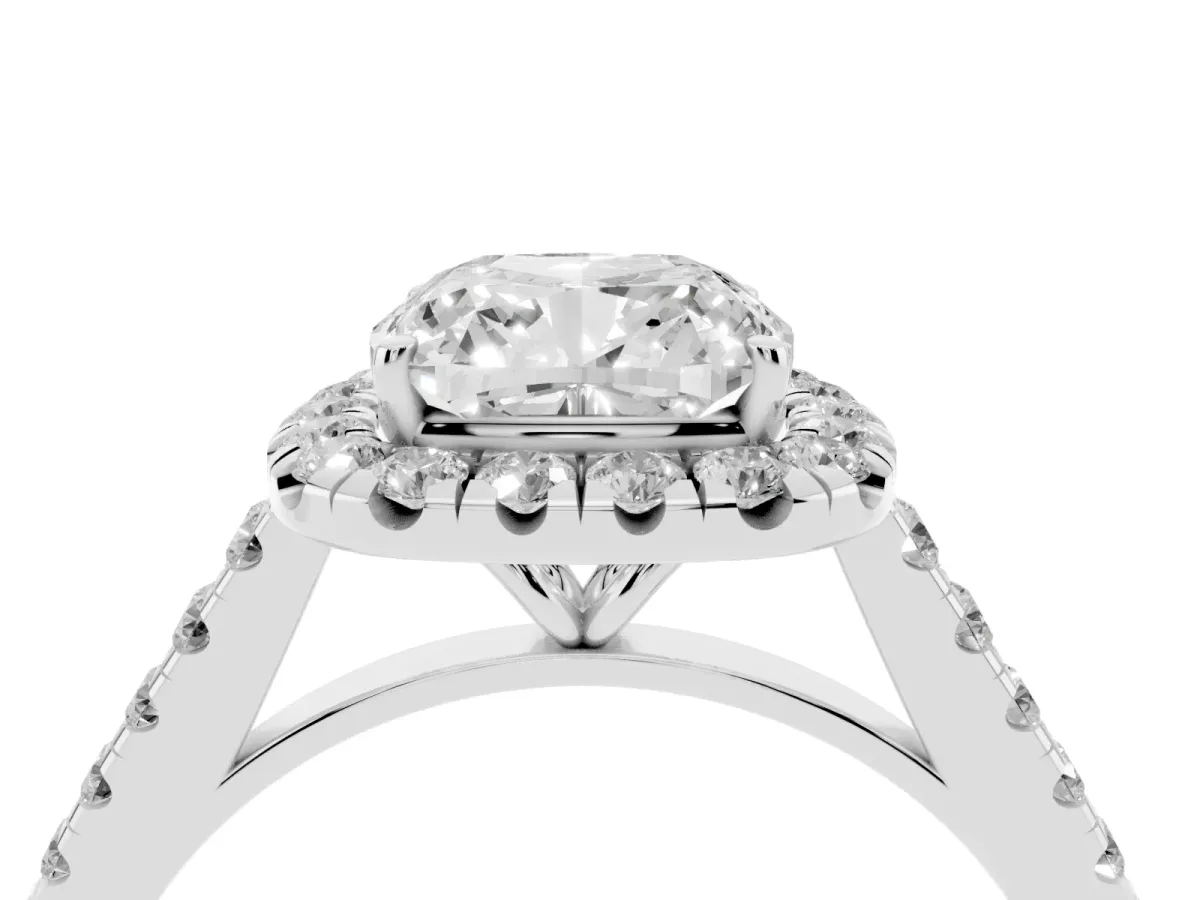 Cushion Cut Halo Pave Diamond Engagement Ring with Four-Prong Setting Silver