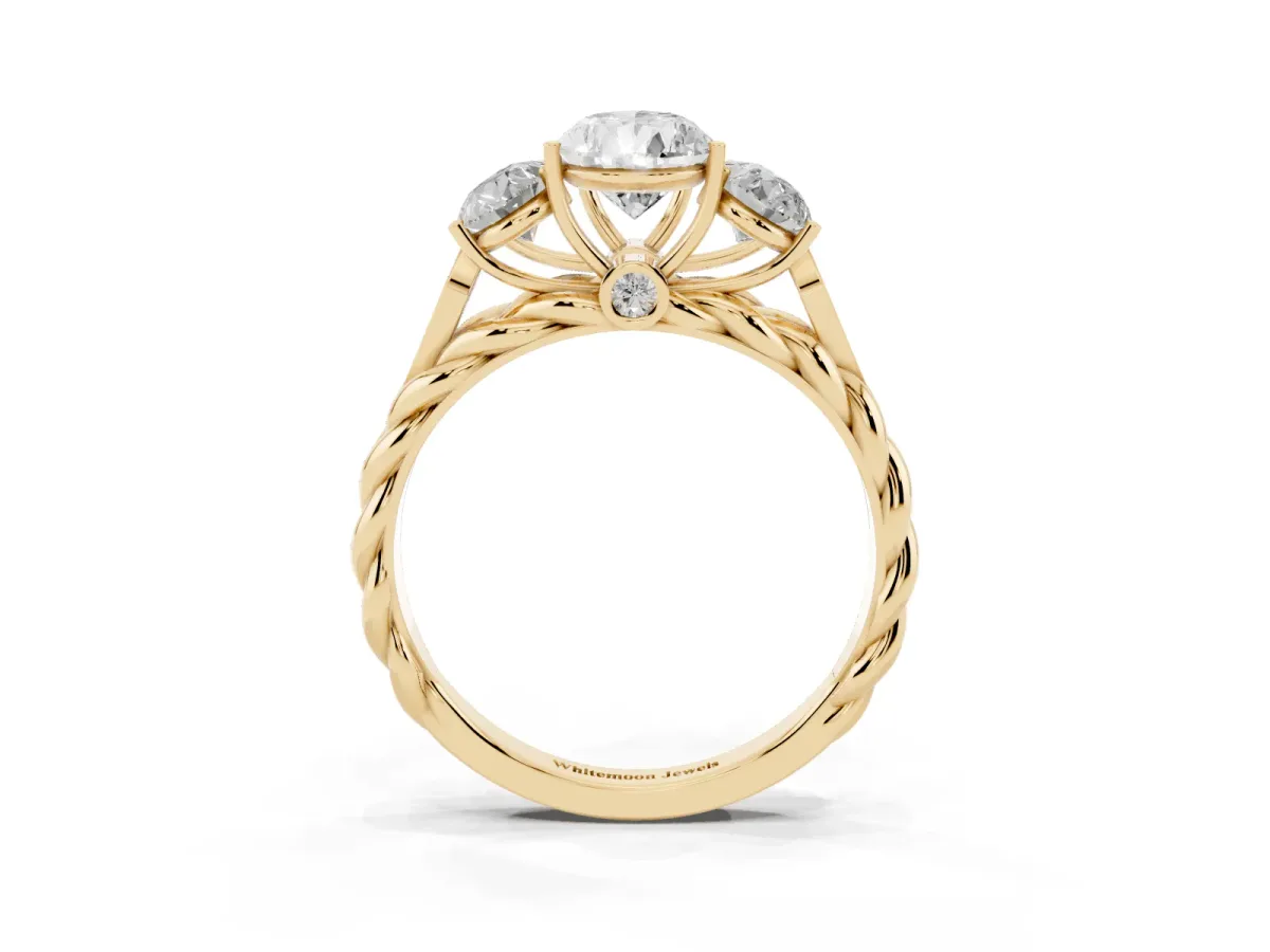 Three-Stone Pear Cut Diamond Braided Band Ring with Four-Prong Setting Yellow gold