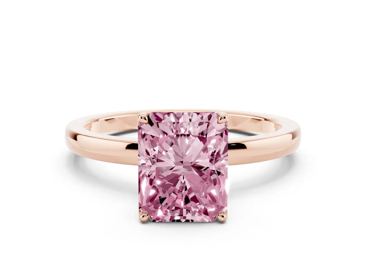 Fancy Pink Radiant Cut Diamond Solitaire Ring with Thin Band and Prong Setting Rose gold