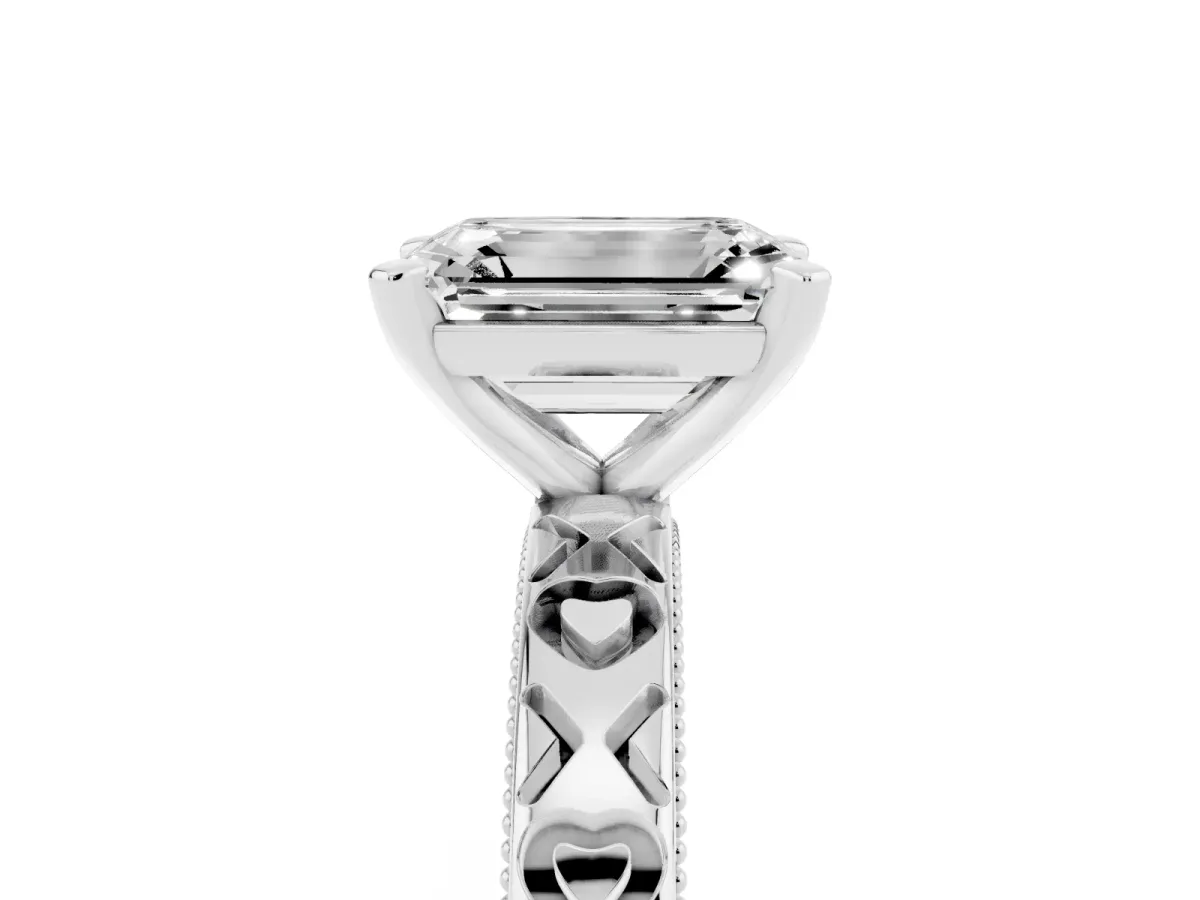 Emerald Cut Solitaire Diamond Engagement Ring with XO Engraved Band and Four-Prong Setting White gold