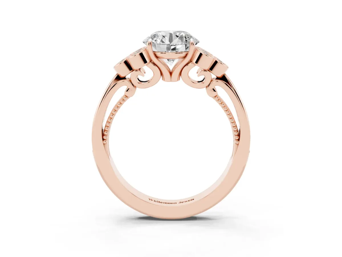 Round Cut Cut Diamond Engagement Ring with Bezel Set Round Side Stones and Prong Setting Rose gold
