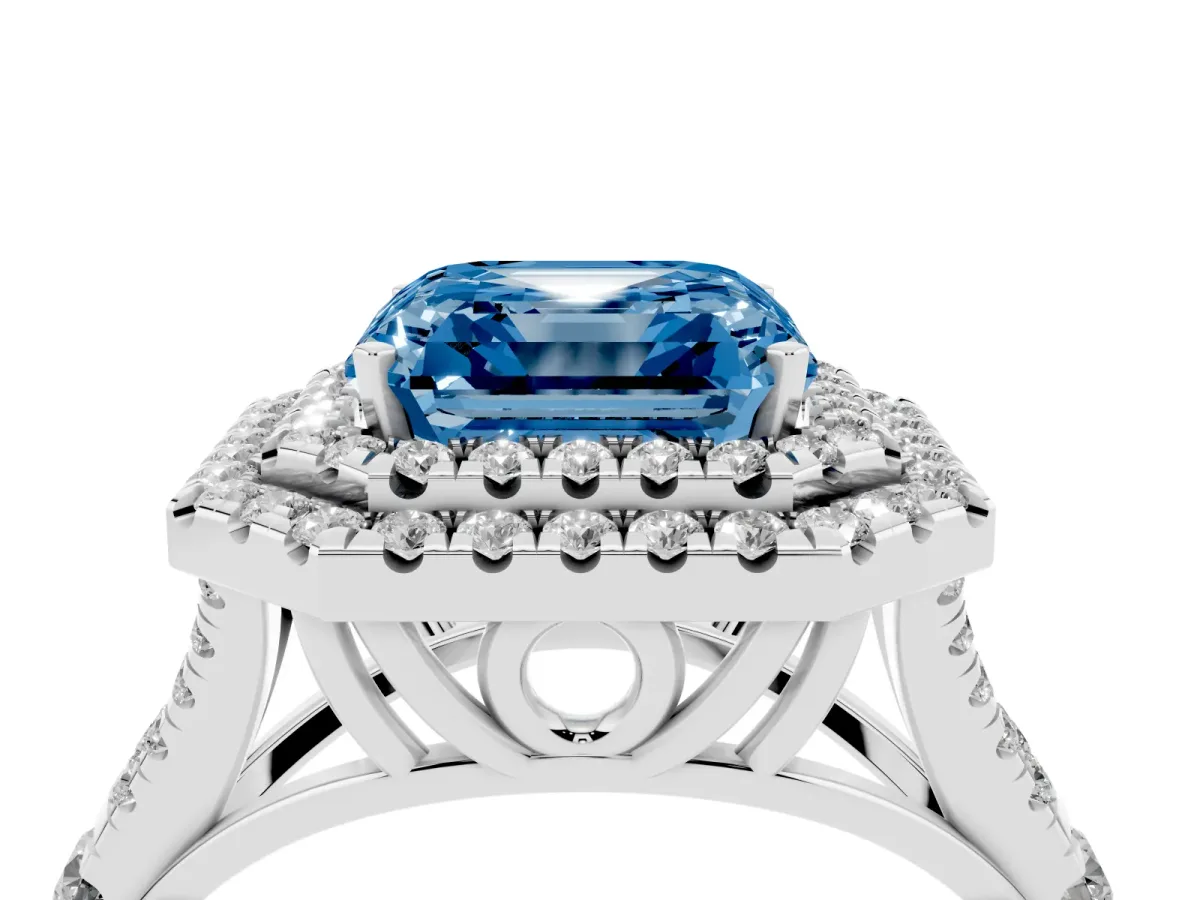 Fancy Blue Asscher Cut Diamond Pavé Split Shank Double Halo Engagement Ring Silver