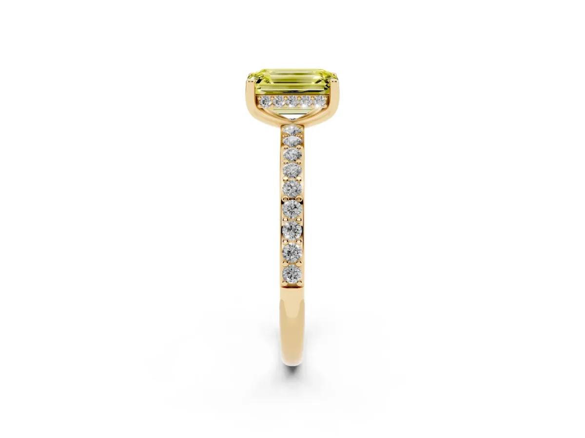 Fancy Yellow Emerald Cut Cut Diamond Pavé Band Ring with Four-Prong Setting Yellow gold