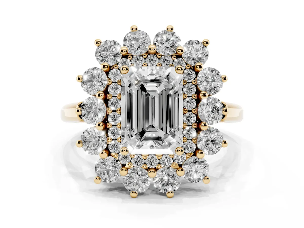 Emerald Cut Diamond Floral Double Halo Engagement Ring with Prong Setting Yellow gold