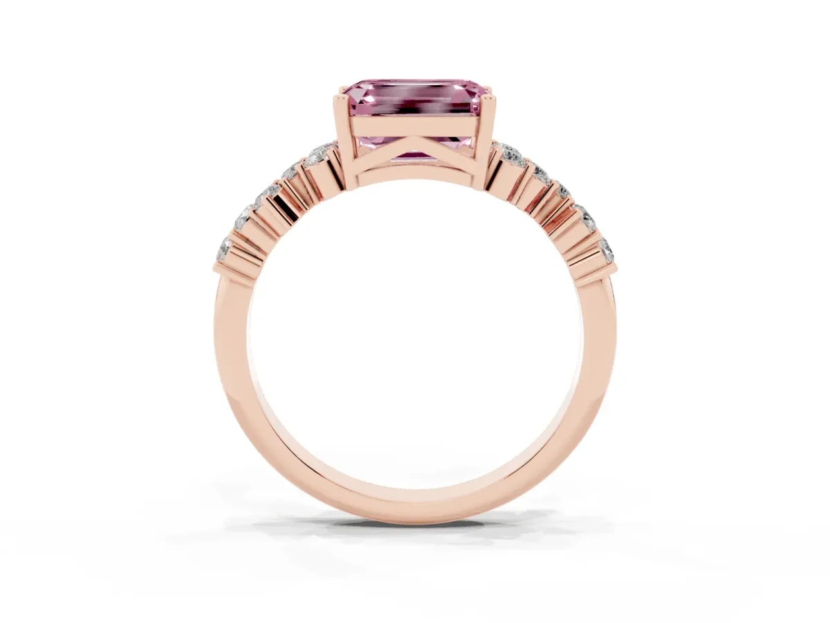 Fancy Pink Emerald Cut Diamond Scattered Round Accent Ring with Prong Setting Rose gold