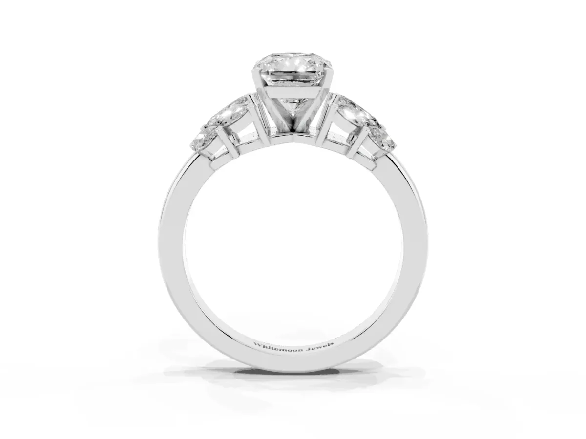 Radiant Cut Diamond Cluster Leaf Design Ring with Prong Setting Silver