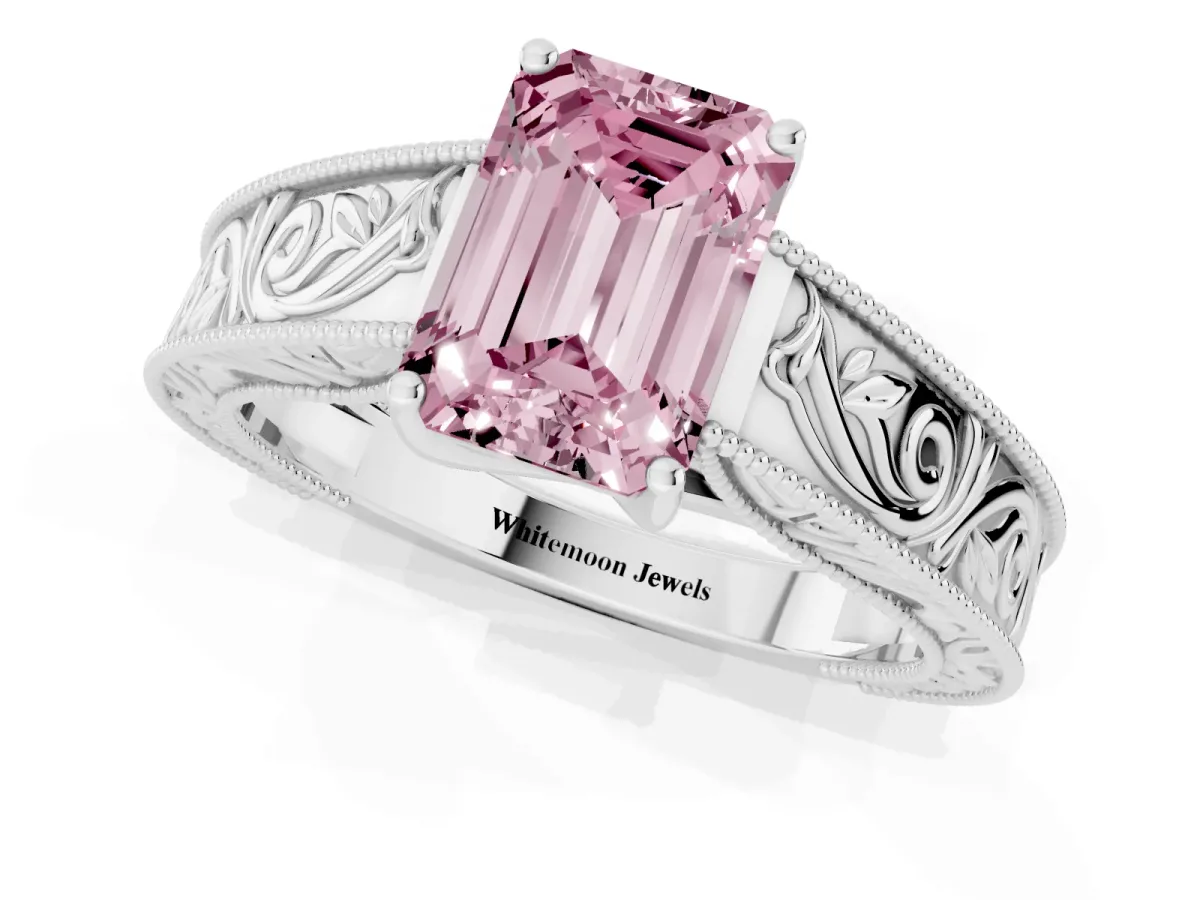 Fancy Pink Emerald Cut Diamond Solitaire Ring with Engraved Band and Four-Prong Setting Platinum
