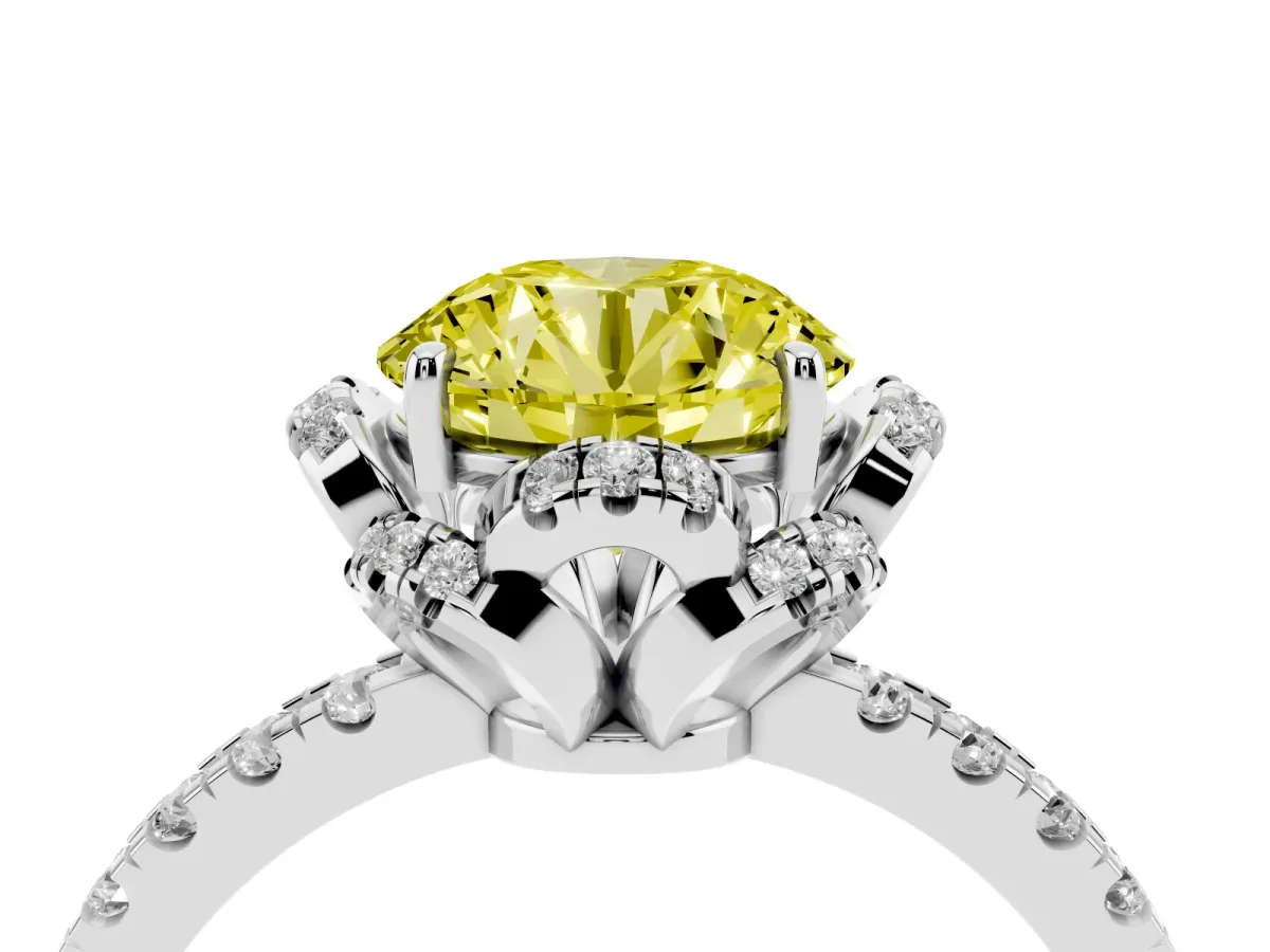 Fancy Yellow Round Cut Halo Diamond Pave Band Ring with Four-Prong Setting Silver