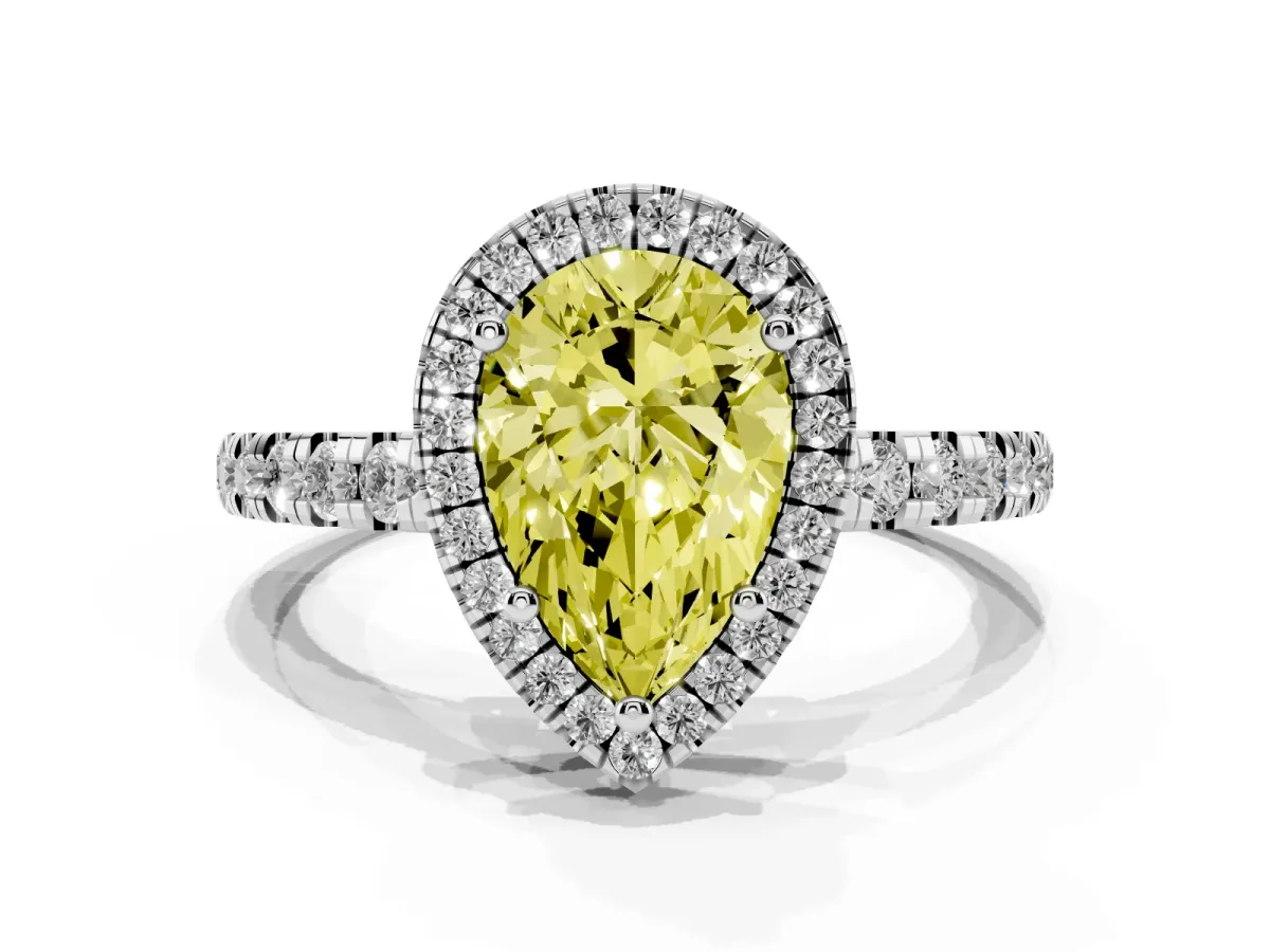 Fancy Yellow Pear Cut Diamond Halo Ring with Pavé Band and Four-Prong Setting White gold
