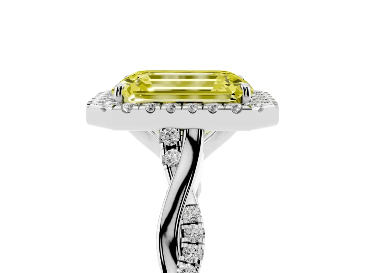 Fancy Yellow Emerald Cut Halo Twist Band Solitaire Ring Silver