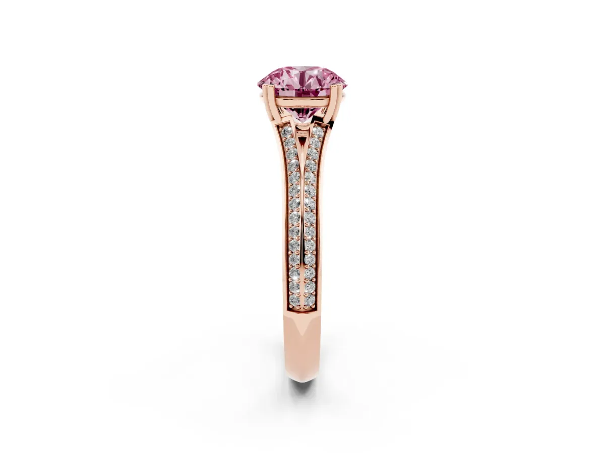Fancy Pink Round Cut Diamond Split Shank Engagement Ring with Pavé Band Rose gold