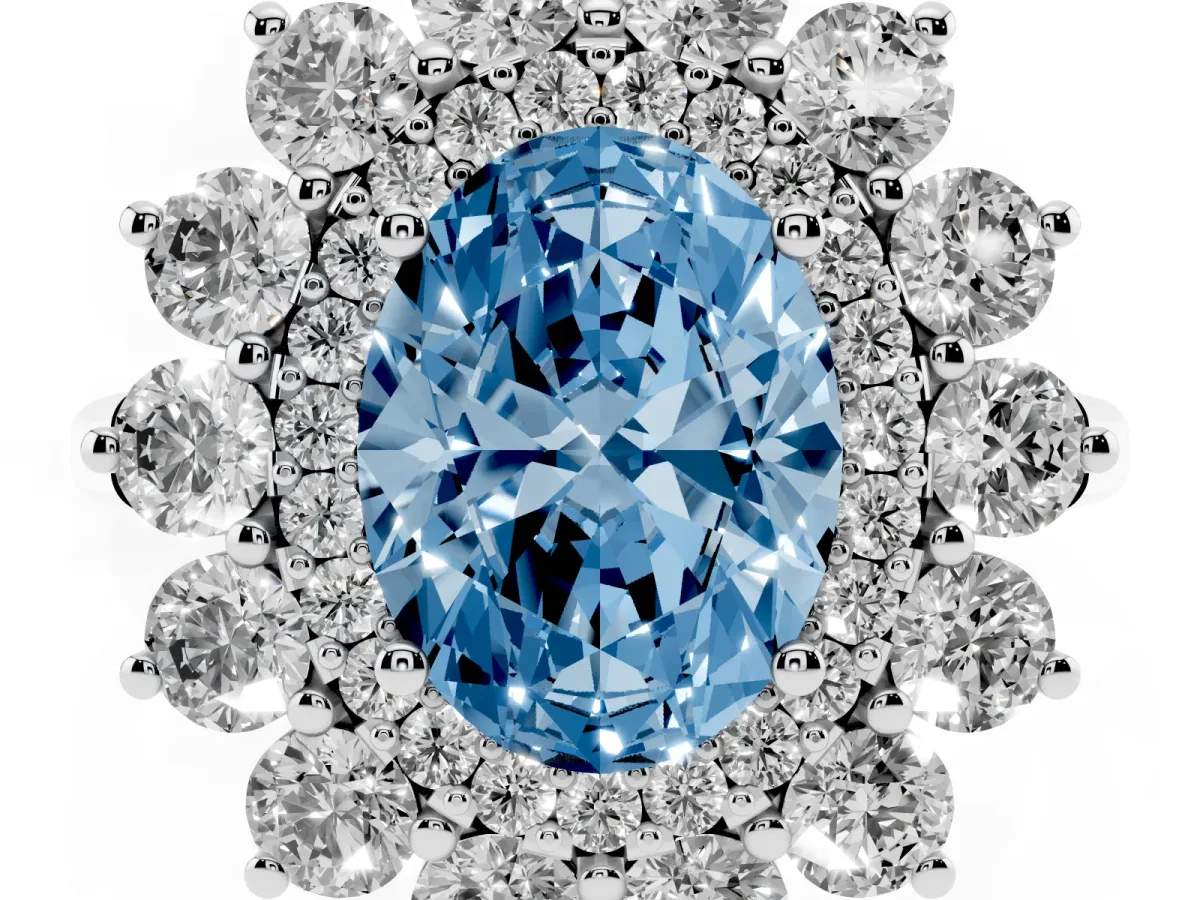 Fancy Blue Oval Cut Diamond Floral Double Halo Engagement Ring with Prong Setting Silver