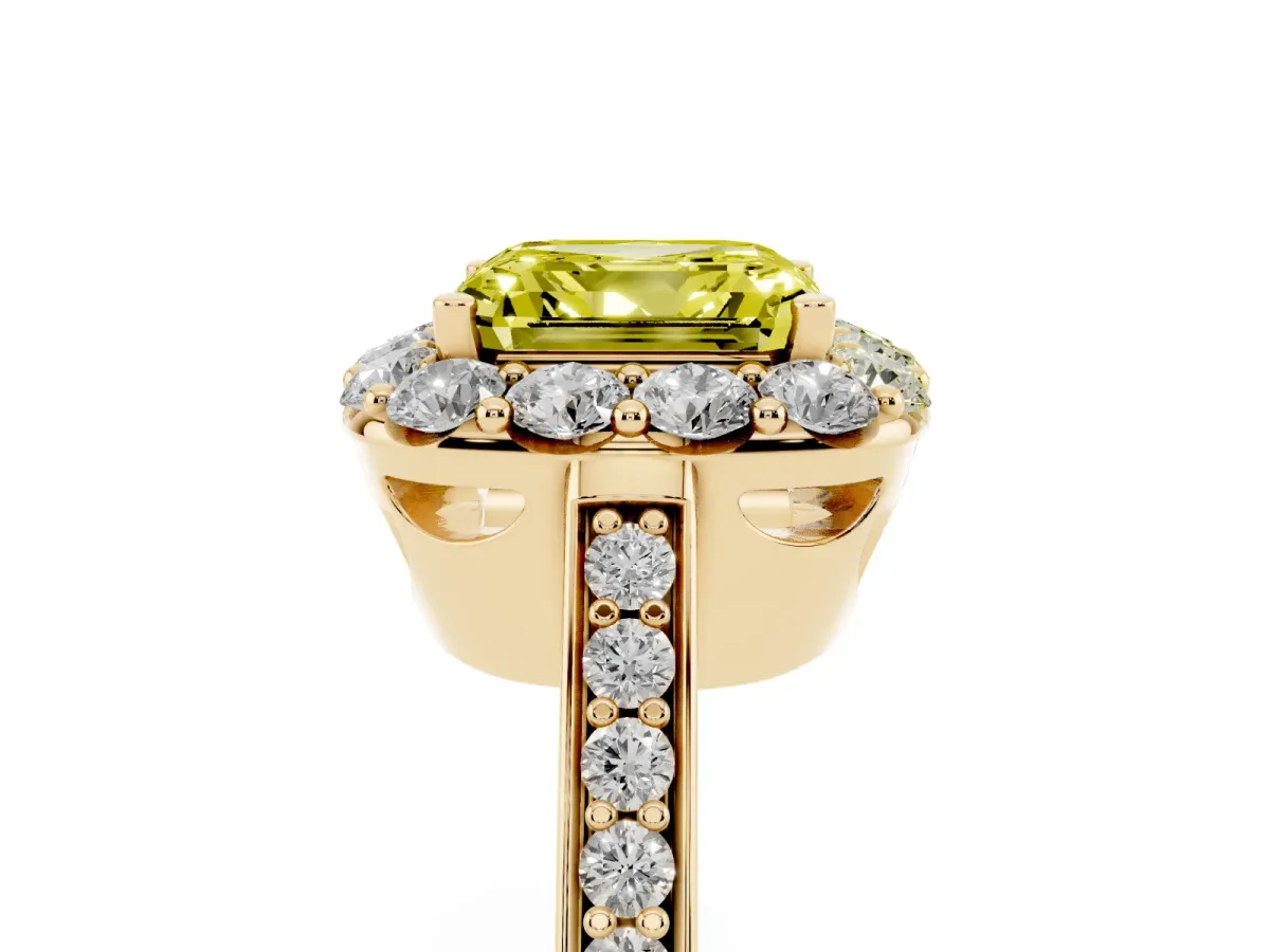 Fancy Yellow Asscher Cut Diamond Floral Halo Ring with Pavé Band and Prong Setting Yellow gold