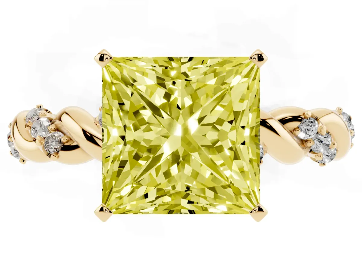 Fancy Yellow Princess Cut Diamond Solitaire Ring with Twisted Band and Pavé Accents Yellow gold