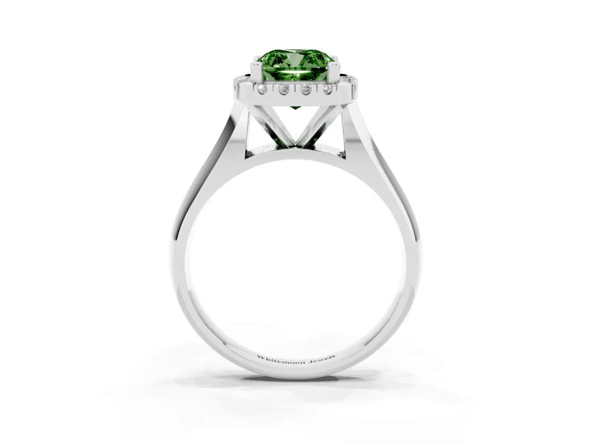 Fancy Green Cushion Cut Cut Halo Solitaire Engagement Ring with Square Band and Four-Prong Setting White gold