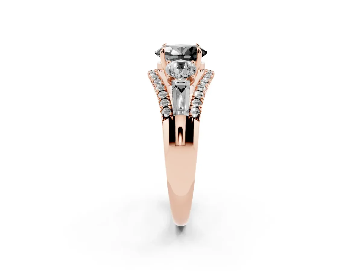 Fancy Black Three-Stone Oval Cut Diamond Engagement Ring with Pave Band and Prong Setting Rose gold