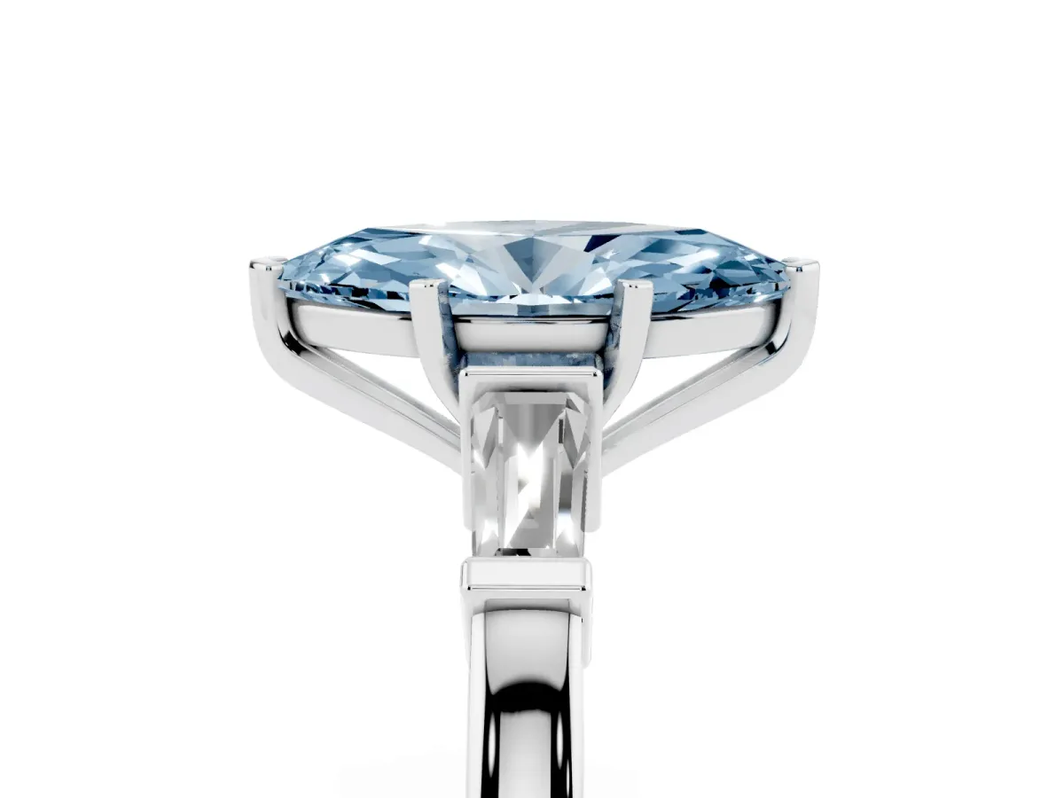 Fancy Blue Marquise Cut Cut Diamond Solitaire Ring with Tapered Baguette Accents and Four-Prong Setting Silver