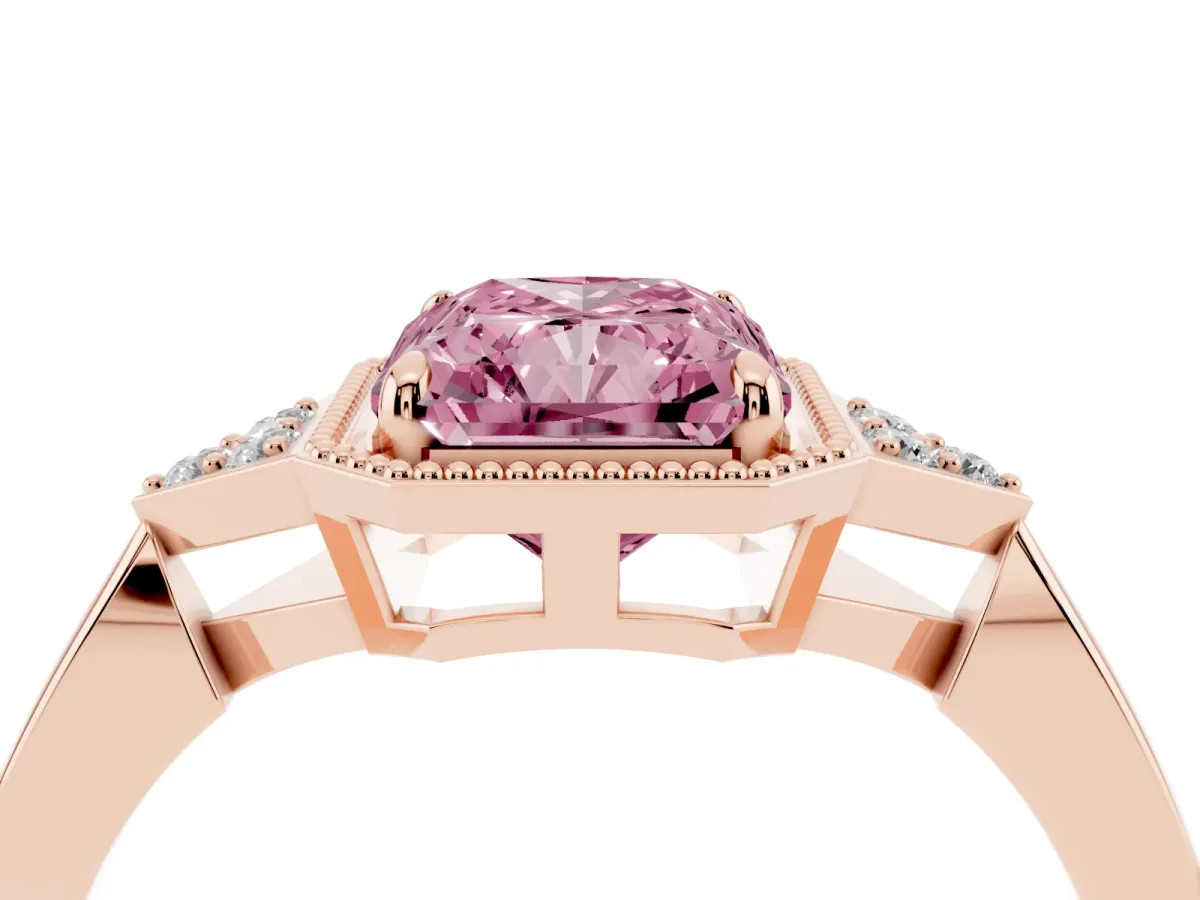 Fancy Pink Radiant Cut Diamond Halo Ring with Tapered Band and Four-Prong Setting Rose gold