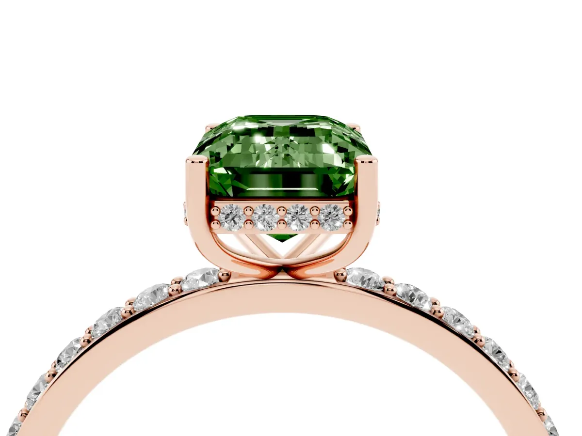 Fancy Green Emerald Cut Diamond Solitaire Ring with Pavé Band and Hidden Halo Rose gold