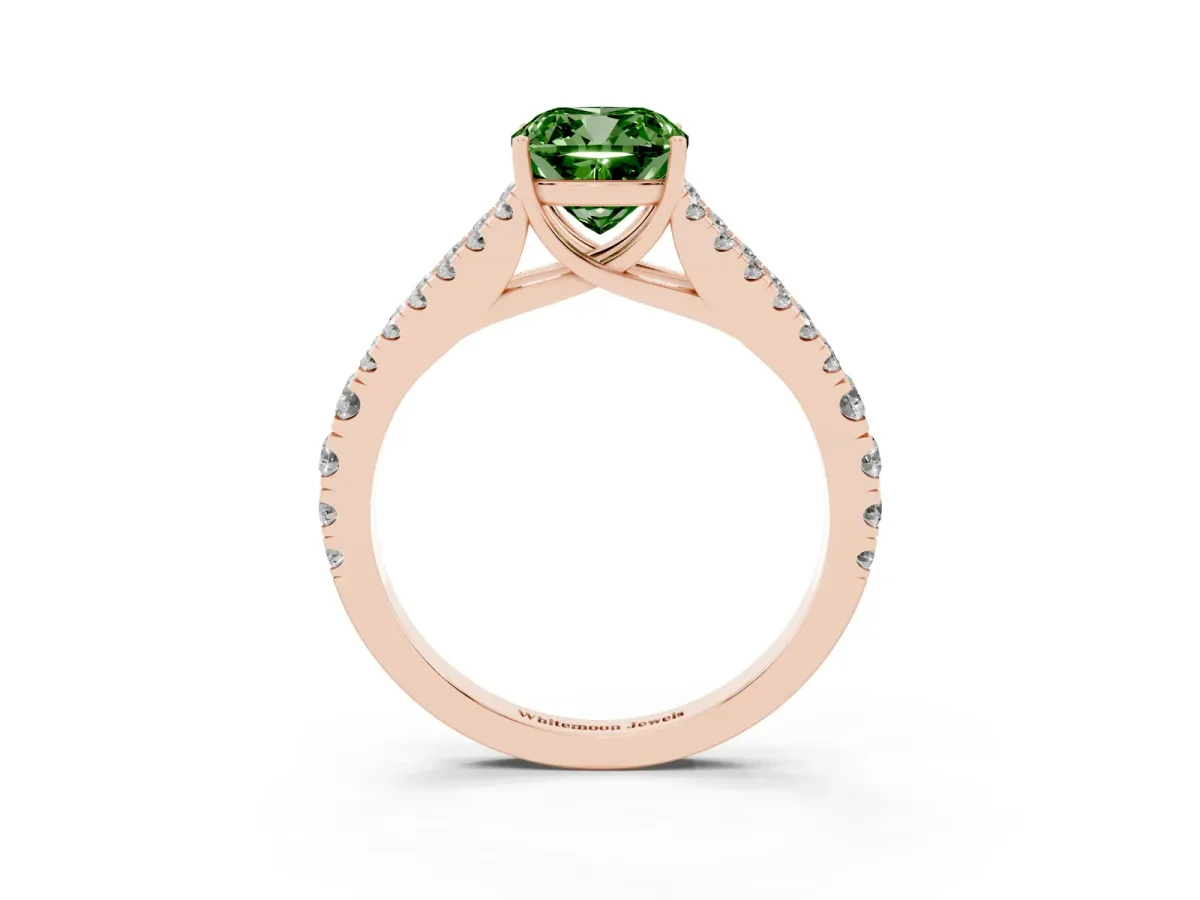 Fancy Green Cushion Cut Diamond Split Shank Pavé Engagement Ring with Four-Prong Setting Rose gold