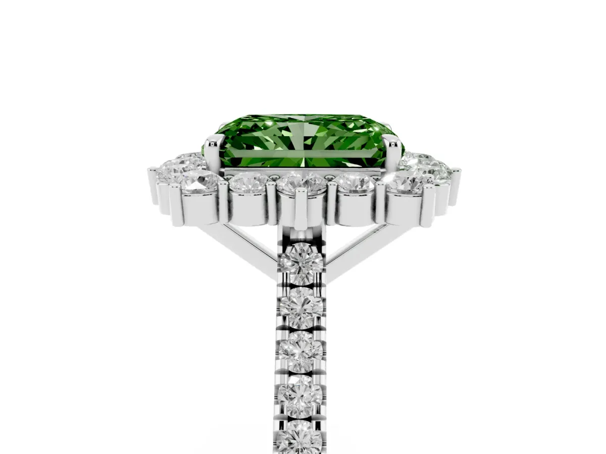 Fancy Green Radiant Cut Halo Diamond Ring with Pavé Band and Prong Setting Silver