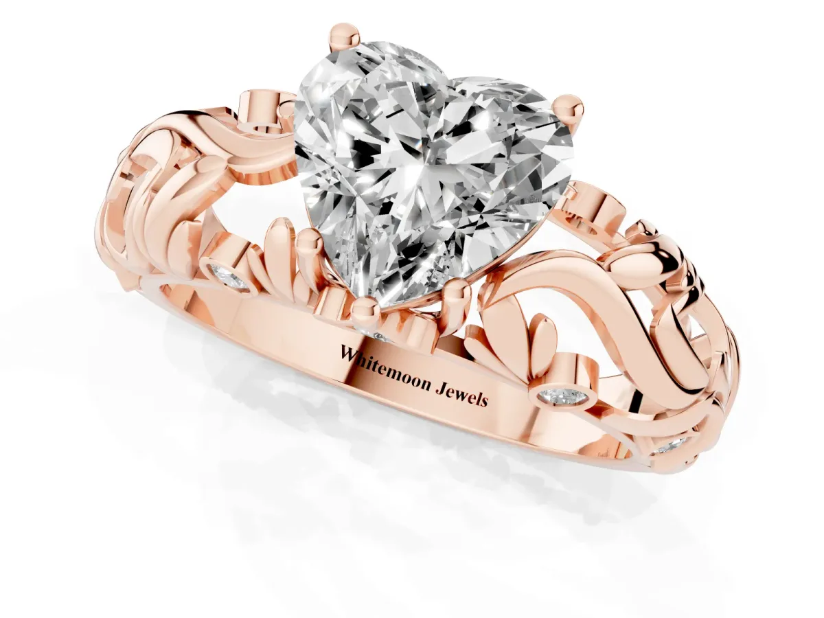 Heart Cut Solitaire Diamond Leaf-Inspired Vine Band Ring with Prong Setting Rose gold