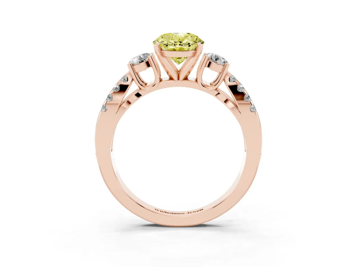 Fancy Yellow Oval Cut Diamond Three-Stone Ring with Pavé Split Shank and Four-Prong Setting Rose gold