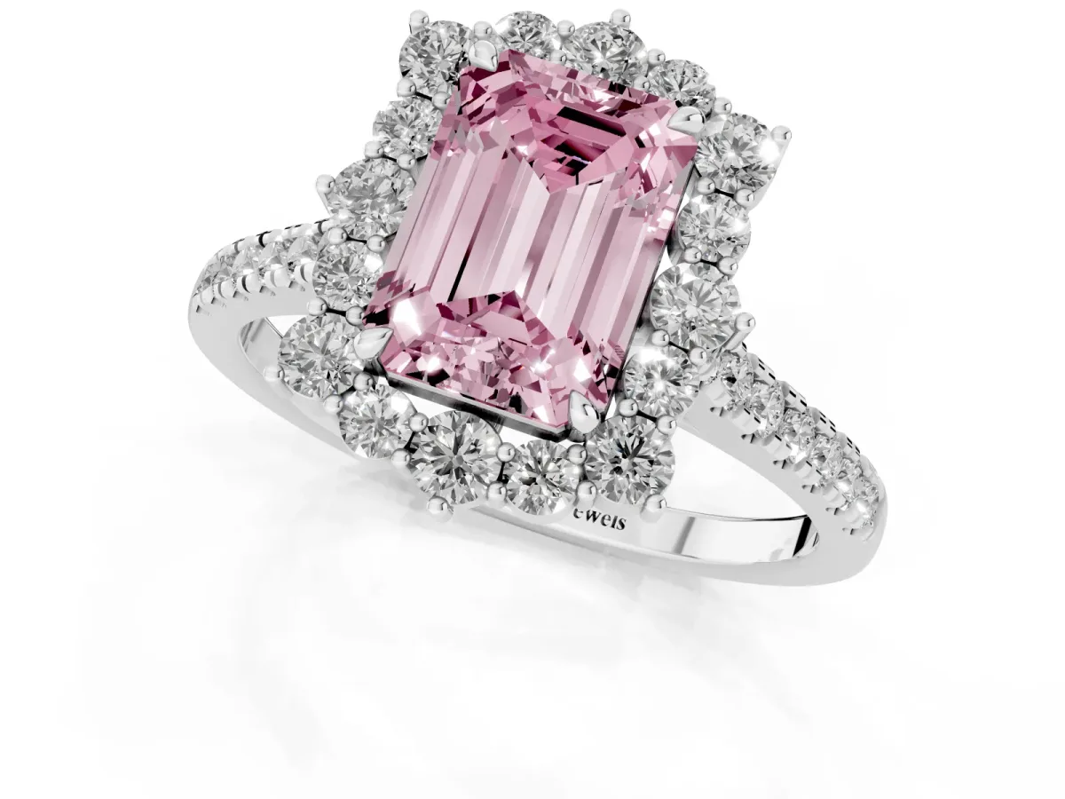 Fancy Pink Emerald Cut Halo Diamond Ring with Pavé Band and Prong Setting Silver