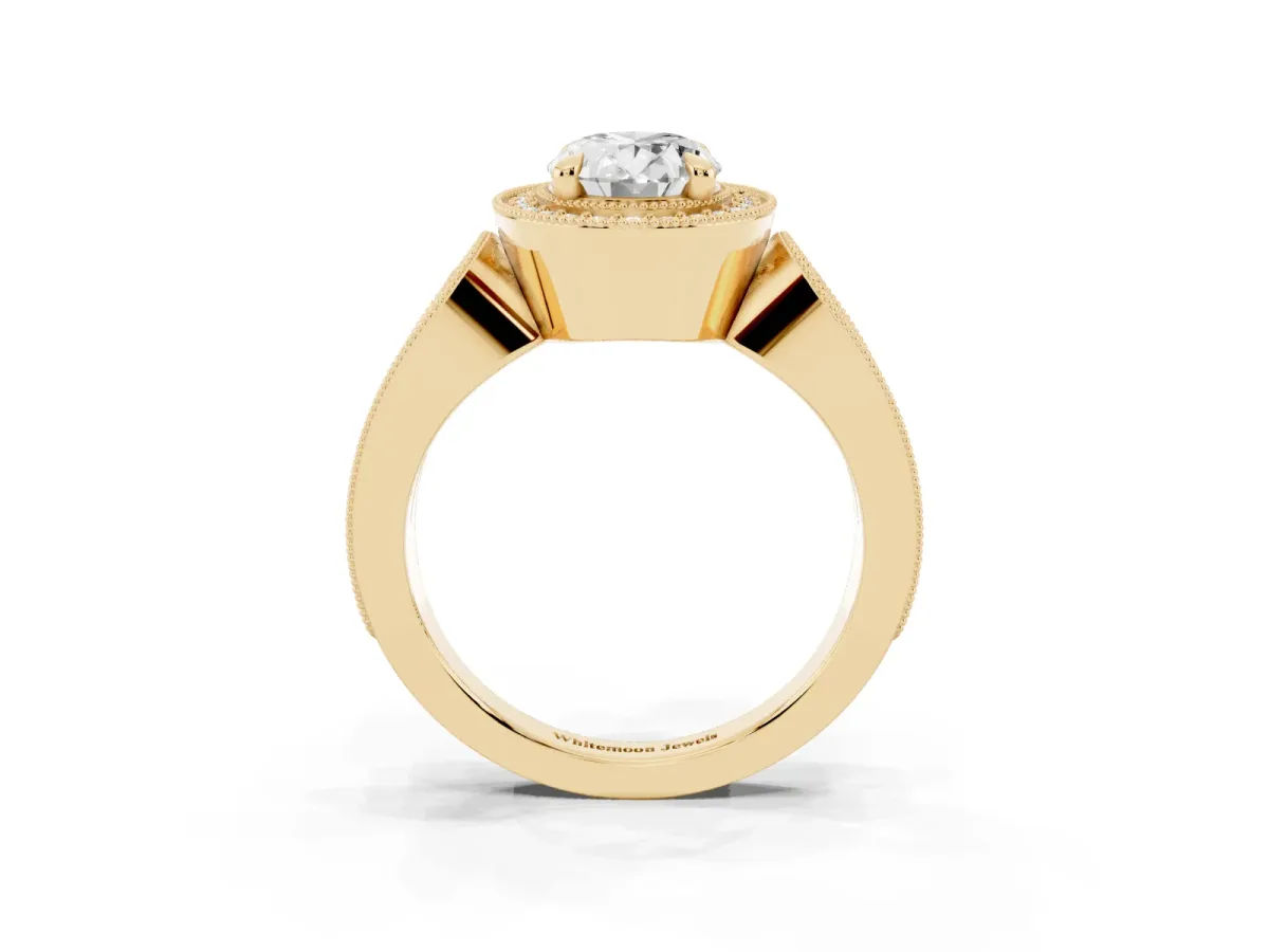 Oval Cut Halo Split Shank Milgrain Diamond Ring Yellow gold