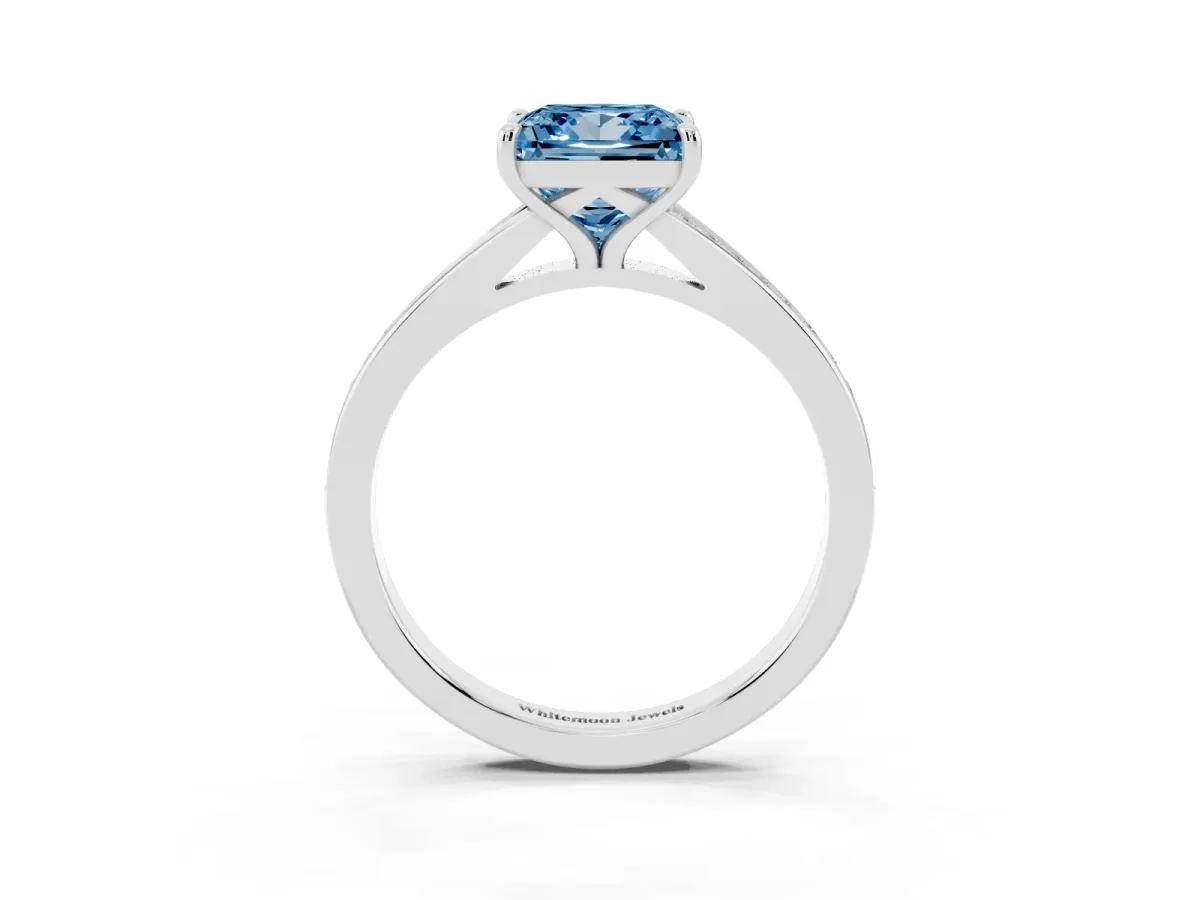 Fancy Blue Princess Cut Diamond Solitaire Ring with Pavé Band and Prong Setting Silver