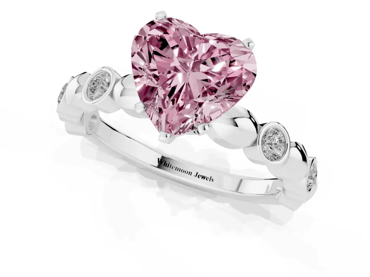Fancy Pink Heart Cut Solitaire Bezel-Set Diamond Ring with Beaded Band and Four-Prong Setting Silver