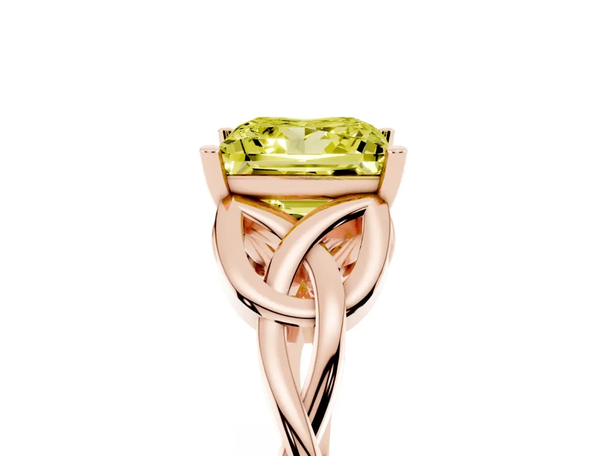 Fancy Yellow Princess Cut Diamond Solitaire Engagement Ring with Celtic Knot Band and Four-Prong Setting Rose gold